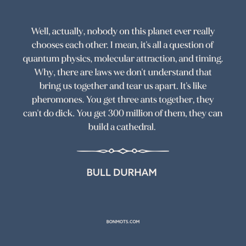 A quote from Bull Durham  about attraction: “Well, actually, nobody on this planet ever really chooses each other. I…”