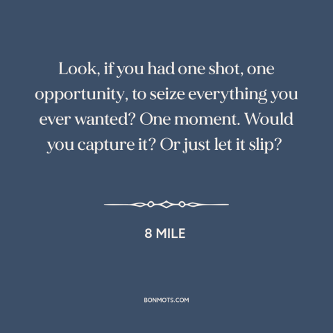 A quote from 8 Mile about going for it: “Look, if you had one shot, one opportunity, to seize everything you ever wanted?”