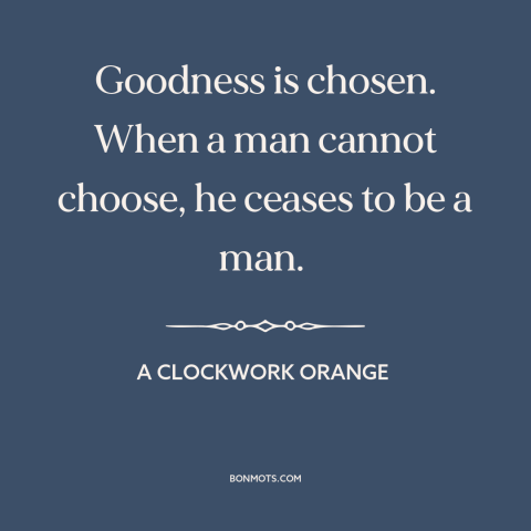 A quote from A Clockwork Orange about free will: “Goodness is chosen. When a man cannot choose, he ceases to be a man.”