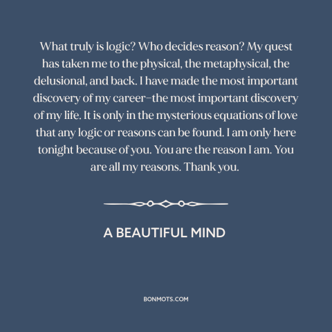 A quote from A Beautiful Mind about love and reason: “What truly is logic? Who decides reason? My quest has taken me to the…”