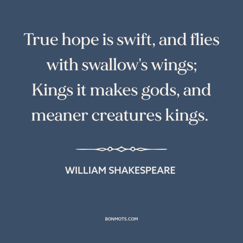 A quote by William Shakespeare about hope: “True hope is swift, and flies with swallow's wings; Kings it makes gods, and…”