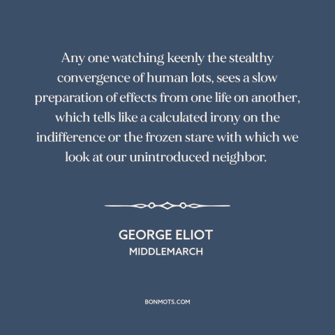 A quote by George Eliot about interconnectedness of all people: “Any one watching keenly the stealthy convergence of…”