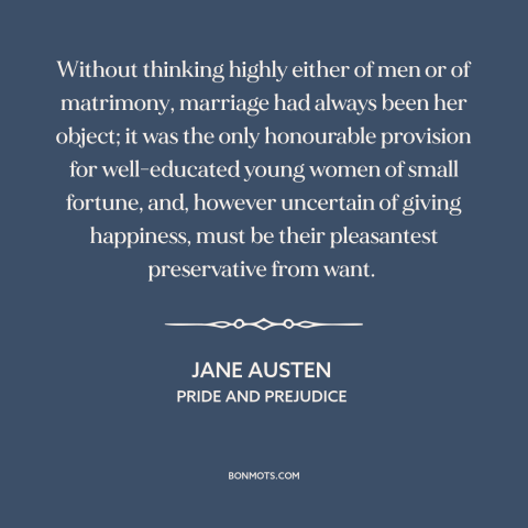 A quote by Jane Austen about marriage: “Without thinking highly either of men or of matrimony, marriage had always been her…”