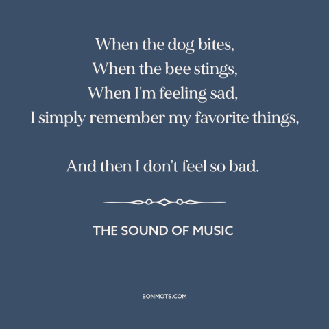 A quote from The Sound of Music about the bright side: “When the dog bites, When the bee stings, When I'm feeling sad, I…”