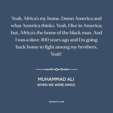 A quote from When We Were Kings about race relations: “Yeah, Africa's my home. Damn America and what America thinks. Yeah…”