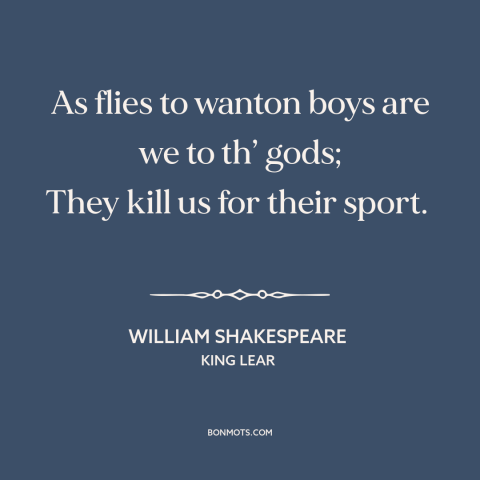 A quote by William Shakespeare about god and man: “As flies to wanton boys are we to th’ gods; They kill us for…”