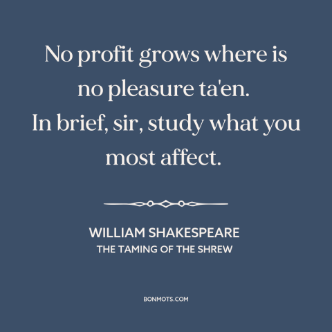 A quote by William Shakespeare about what to study: “No profit grows where is no pleasure ta'en. In brief, sir, study what…”