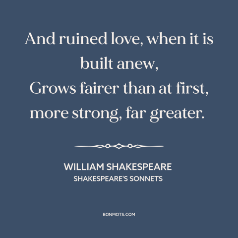 A quote by William Shakespeare about relationship challenges: “And ruined love, when it is built anew, Grows fairer than…”