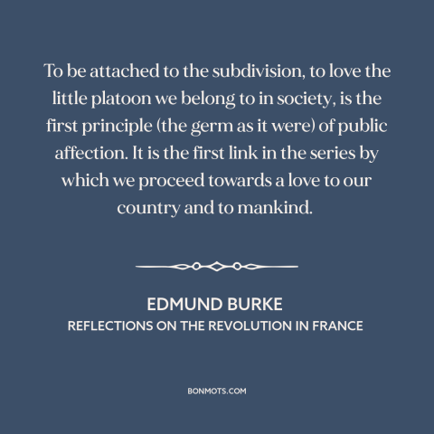 A quote by Edmund Burke about political theory: “To be attached to the subdivision, to love the little platoon we belong to…”