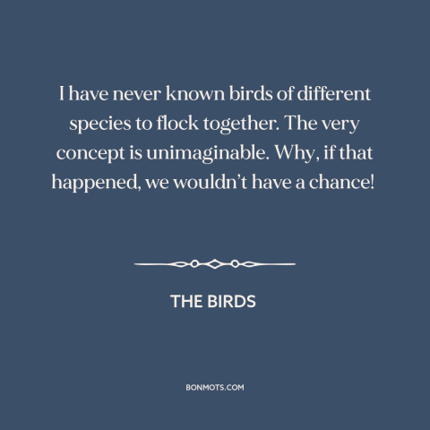 A quote from The Birds about man and animals: “I have never known birds of different species to flock together. The…”