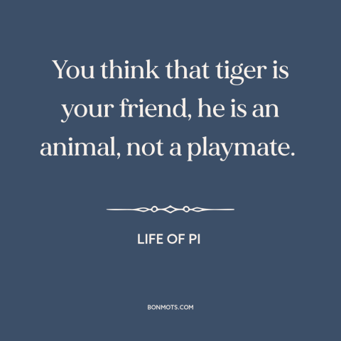 A quote from Life of Pi about man and animals: “You think that tiger is your friend, he is an animal, not a playmate.”