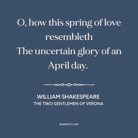 A quote by William Shakespeare about new love: “O, how this spring of love resembleth The uncertain glory of an April day.”