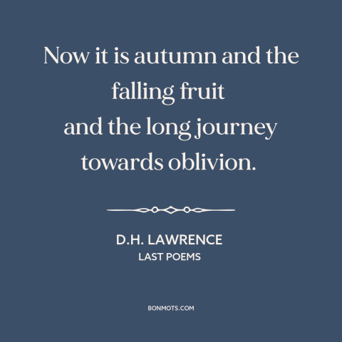 A quote by D.H. Lawrence about autumn: “Now it is autumn and the falling fruit and the long journey towards…”