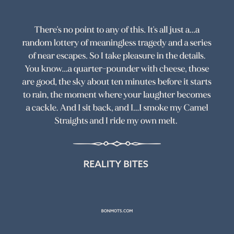 A quote from Reality Bites about meaninglessness: “There's no point to any of this. It's all just a...a random lottery of…”