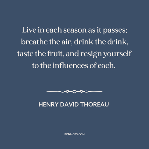 A quote by Henry David Thoreau about seasons: “Live in each season as it passes; breathe the air, drink the drink, taste…”