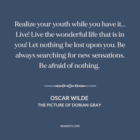 A quote by Oscar Wilde about youth: “Realize your youth while you have it... Live! Live the wonderful life that is…”