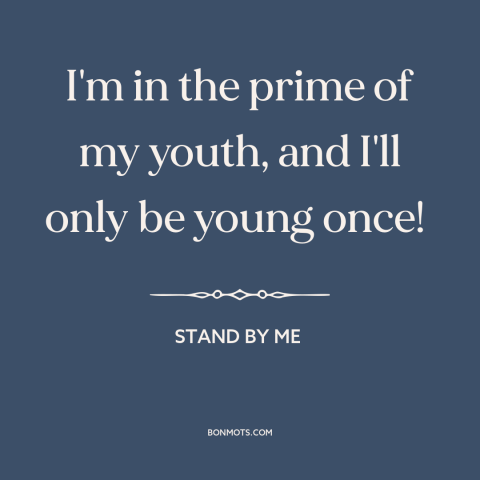 A quote from Stand By Me about youth: “I'm in the prime of my youth, and I'll only be young once!”