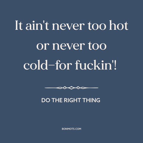 A quote from Do the Right Thing about sex: “It ain't never too hot or never too cold—for fuckin'!”