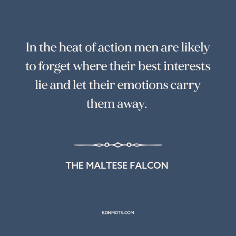 A quote from The Maltese Falcon about emotions: “In the heat of action men are likely to forget where their best interests…”