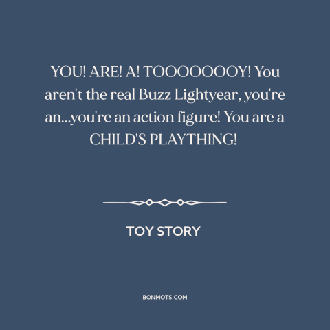 A quote from Toy Story about exasperation: “YOU! ARE! A! TOOOOOOOY! You aren't the real Buzz Lightyear, you're…”