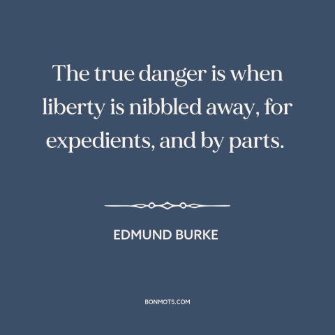 A quote by Edmund Burke about threats to freedom: “The true danger is when liberty is nibbled away, for expedients, and…”