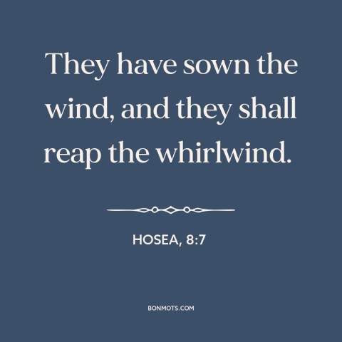 A quote from The Bible about how actions have consequences: “They have sown the wind, and they shall reap the whirlwind.”