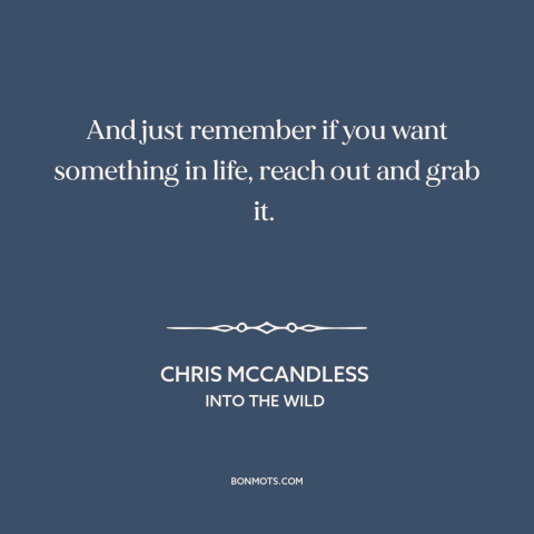 A quote from Into the Wild about going for it: “And just remember if you want something in life, reach out and grab it.”