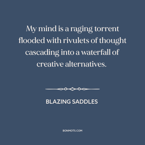 A quote from Blazing Saddles about thoughts: “My mind is a raging torrent flooded with rivulets of thought cascading into a…”