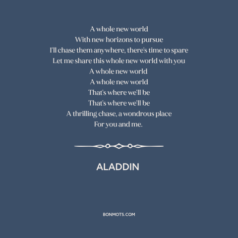 A quote from Aladdin about falling in love: “A whole new world With new horizons to pursue I'll chase them anywhere…”