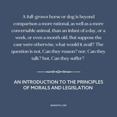 A quote by Jeremy Bentham about suffering of animals: “A full-grown horse or dog is beyond comparison a more rational, as…”