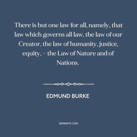 A quote by Edmund Burke about natural law: “There is but one law for all, namely, that law which governs all law…”