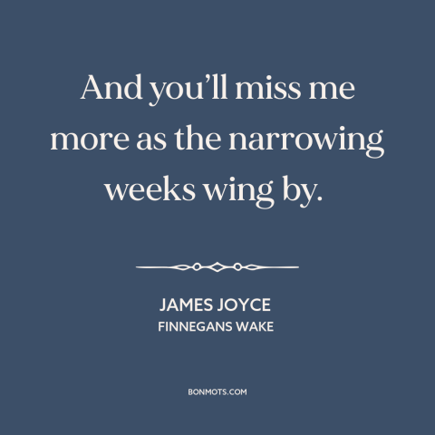 A quote by James Joyce about missing someone: “And you’ll miss me more as the narrowing weeks wing by.”