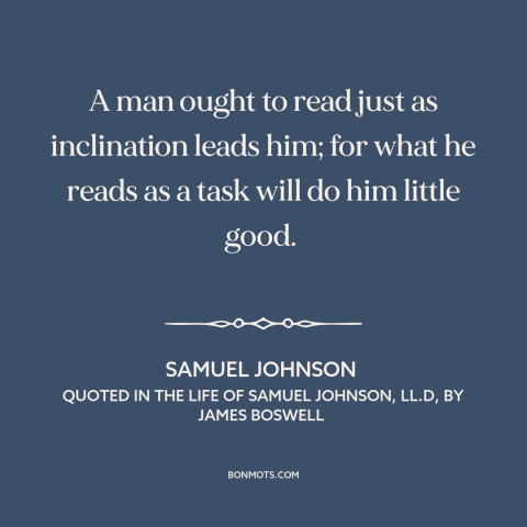 A quote by Samuel Johnson about reading: “A man ought to read just as inclination leads him; for what he reads…”