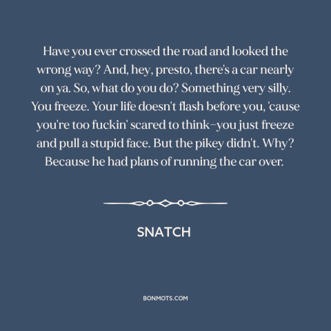 A quote from Snatch about freezing in fear: “Have you ever crossed the road and looked the wrong way? And, hey, presto…”