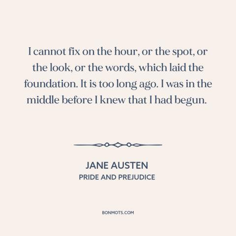 A quote by Jane Austen about falling in love: “I cannot fix on the hour, or the spot, or the look, or the words, which…”