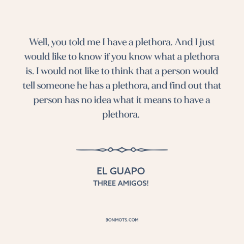 A quote from Three Amigos! about meaning of words: “Well, you told me I have a plethora. And I just would like to…”