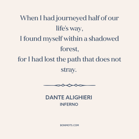 A quote by Dante Alighieri: “When I had journeyed half of our life's way, I found myself within a shadowed forest…”
