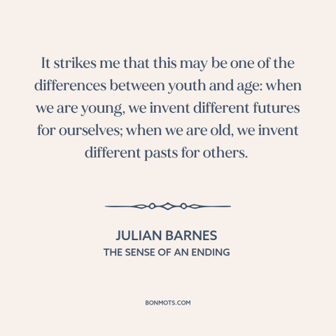 A quote by Julian Barnes about youth vs. old age: “It strikes me that this may be one of the differences between youth and…”
