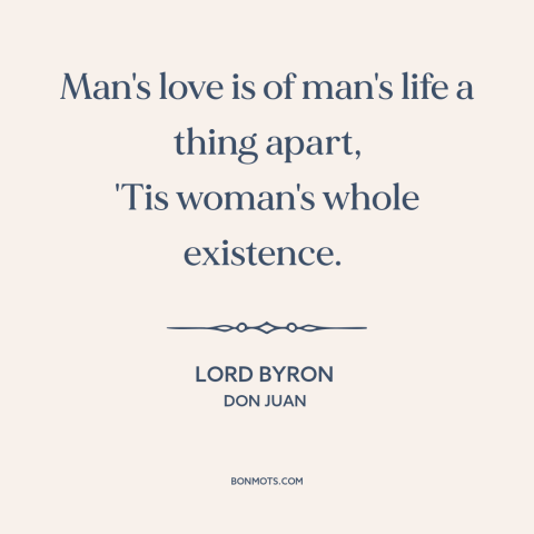 A quote by Lord Byron about men and women: “Man's love is of man's life a thing apart, 'Tis woman's whole existence.”