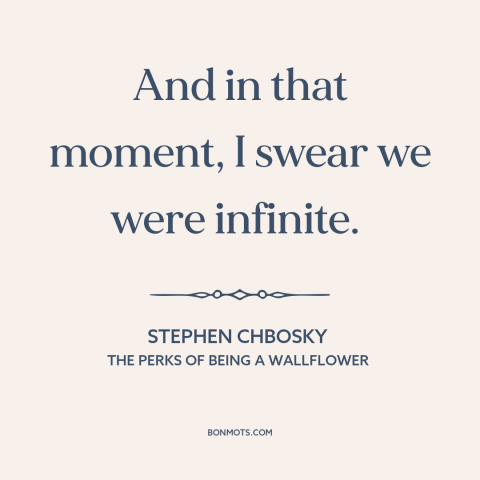 A quote by Stephen Chbosky about connecting with others: “And in that moment, I swear we were infinite.”