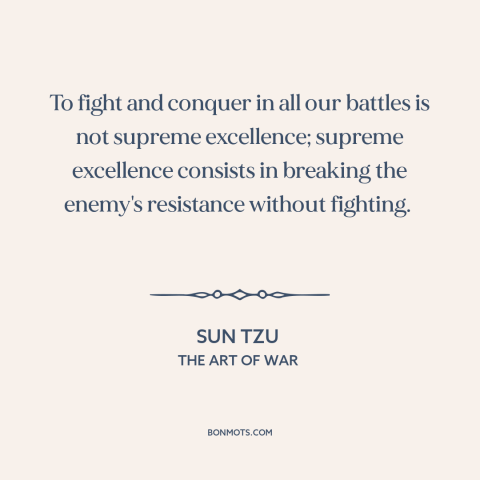 A quote by Sun Tzu about military strategy: “To fight and conquer in all our battles is not supreme excellence;…”