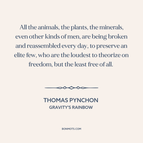 A quote by Thomas Pynchon about capitalism: “All the animals, the plants, the minerals, even other kinds of men, are being…”