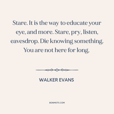 A quote by Walker Evans about paying attention: “Stare. It is the way to educate your eye, and more. Stare, pry, listen…”