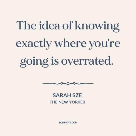 A quote by Sarah Sze about journey vs. destination: “The idea of knowing exactly where you're going is overrated.”