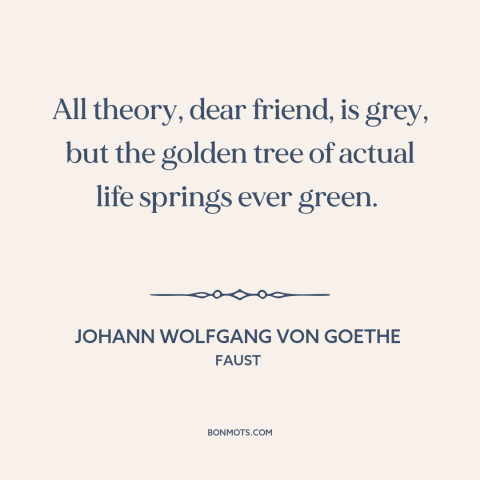 A quote by Johann Wolfgang von Goethe about life: “All theory, dear friend, is grey, but the golden tree of actual life…”