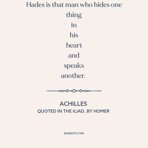 A quote by Homer about dishonesty: “Hateful to me as the gates of Hades is that man who hides one thing in…”
