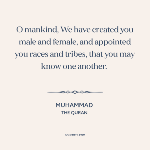 A quote by Muhammad about men and women: “O mankind, We have created you male and female, and appointed you races and…”