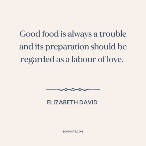 A quote by Elizabeth David about cooking: “Good food is always a trouble and its preparation should be regarded as a…”