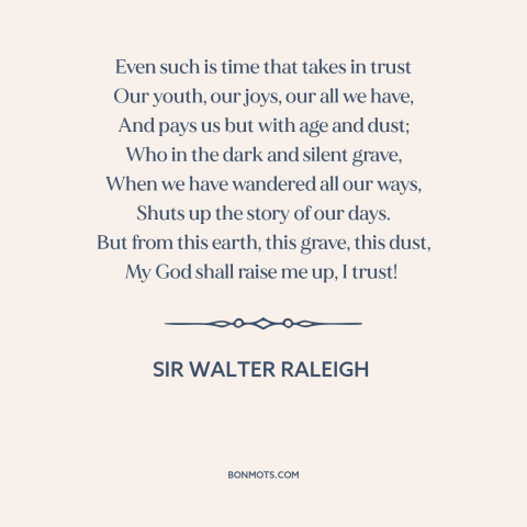 A quote by Sir Walter Raleigh about nature of time: “Even such is time that takes in trust Our youth, our joys, our all…”