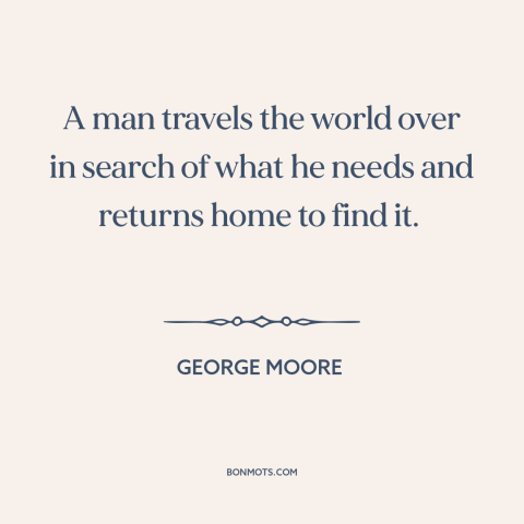 A quote by George Moore about searching for something: “A man travels the world over in search of what he needs and returns…”